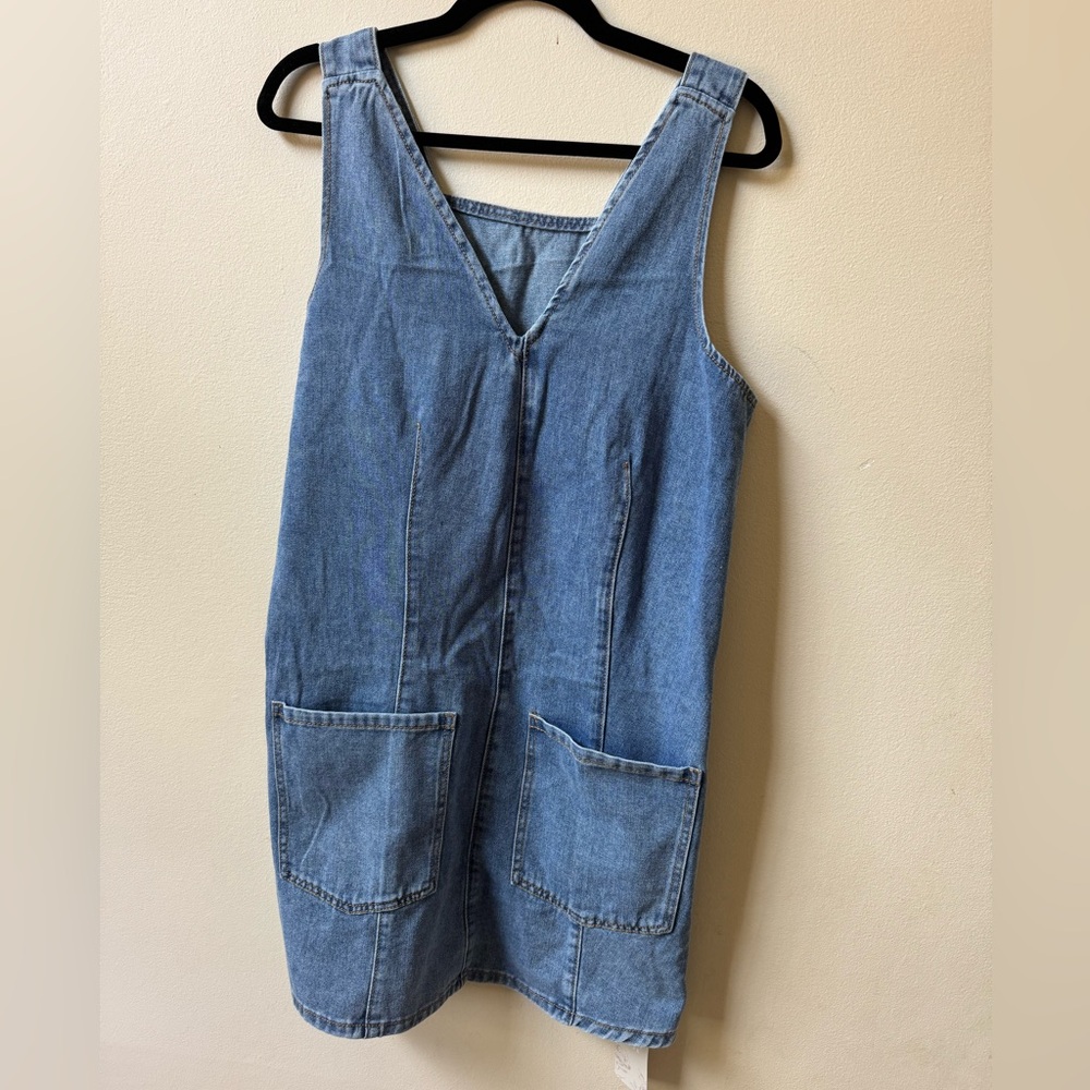 SHEIN Blue Denim V-Neck Pinafore Mini Dress